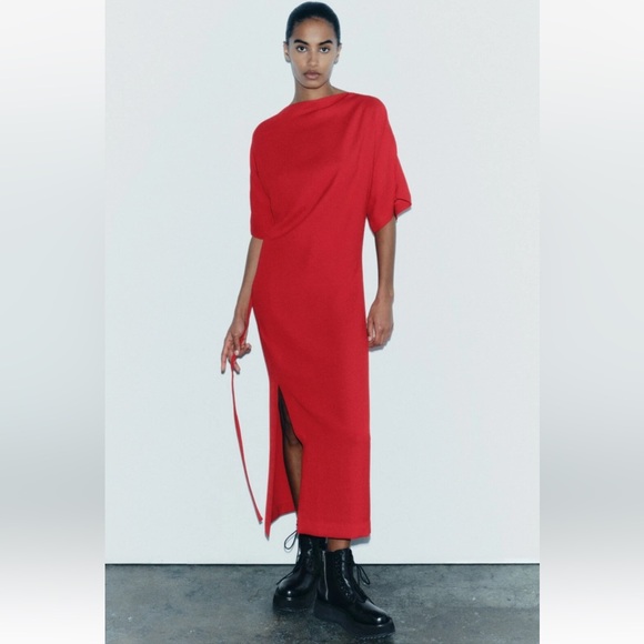 Zara Bright Red Midi Belted Side Zip Slit Short Sleeve Minimalist Slouch Dress - Picture 15 of 17